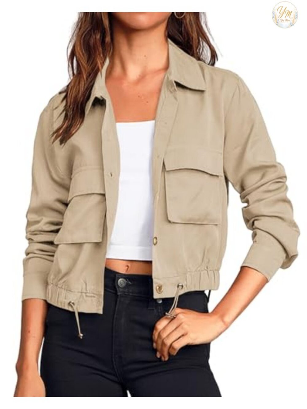 Women's Cropped Military Jacket Lightweight Utility Pockets Button Down Long